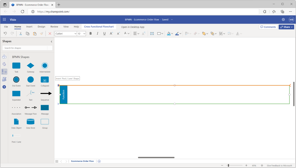 An image of a new drawing in Visio for the web demonstrating how to add a swimlane on selection of the existing lane.