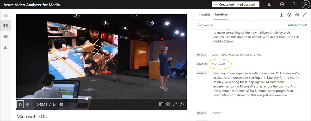 Figure 3: Azure Video Indexer UI with the correct OCR insight for example 2