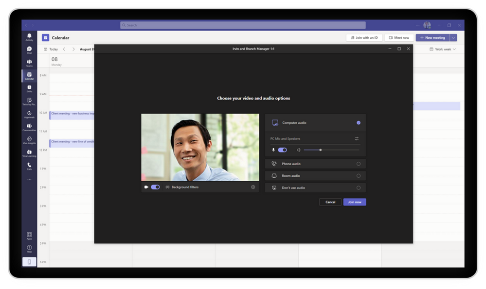 An image of Microsoft Teams on a tablet device with a pop-up window providing video and audio options before joining a meeting.
