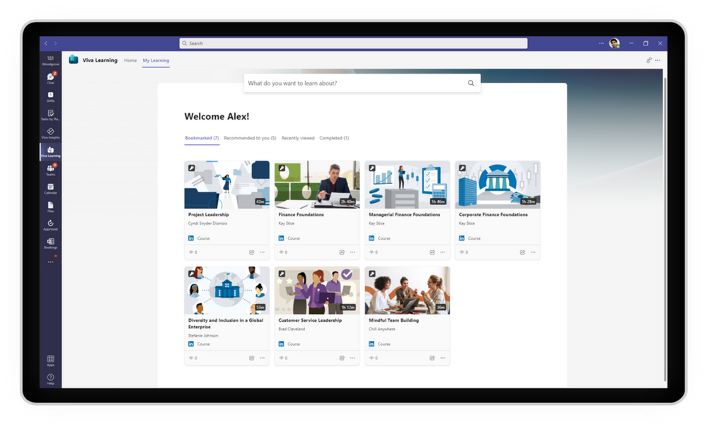 An image demonstrating the Viva Learning integration into Microsoft Teams on a tablet device. The MyLearning tab shows a welcome screen with bookmarked items.