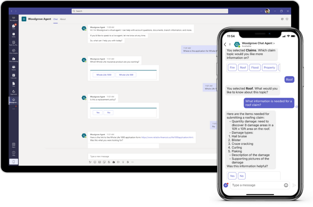 An image demonstrating the Power Virtual Agent chatbot integrated into Microsoft Teams. The example in the image shows an insurance agent conversation with an intelligent chatbot.