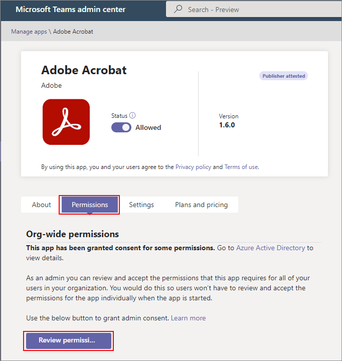 Set up Adobe Acrobat as the default app for working with PDF files in Microsoft Teams.