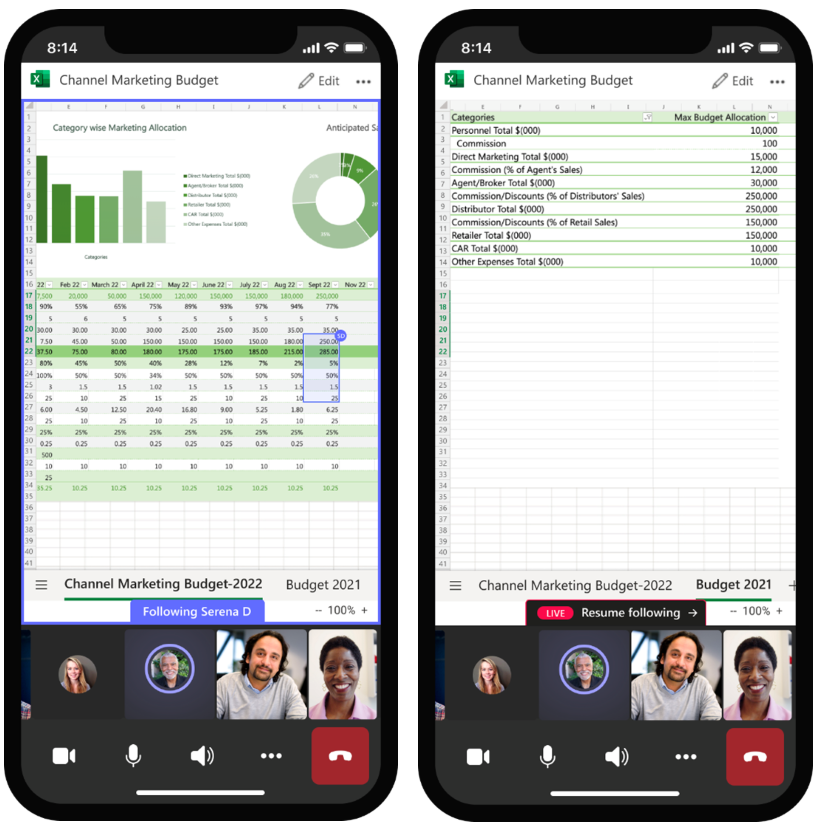 An image demonstrating the Excel Live experience in a Teams meeting on a mobile device.