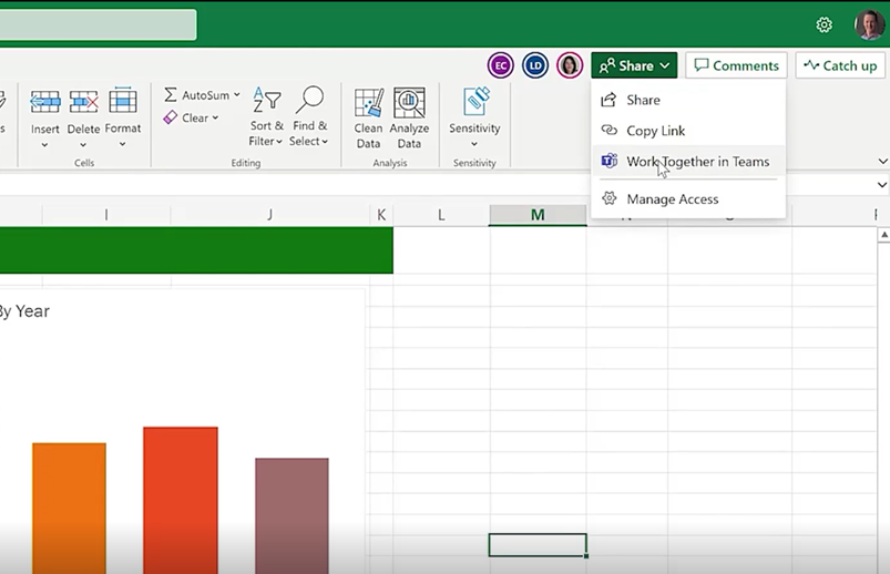 An image of a Microsoft Excel spreadsheet demonstrating how to access the Excel Live experience by clicking on Work Together in Teams from the Share menu.