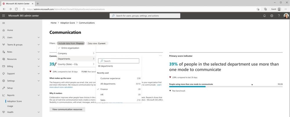 An image demonstrating how to filter organizational data via group level aggregates while respecting user-level privacy from the Communications screen in Adoption Score.