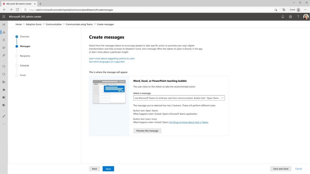 An image of the organizational messages creation wizard in Adoption Score that helps authorized users take action on insights.
