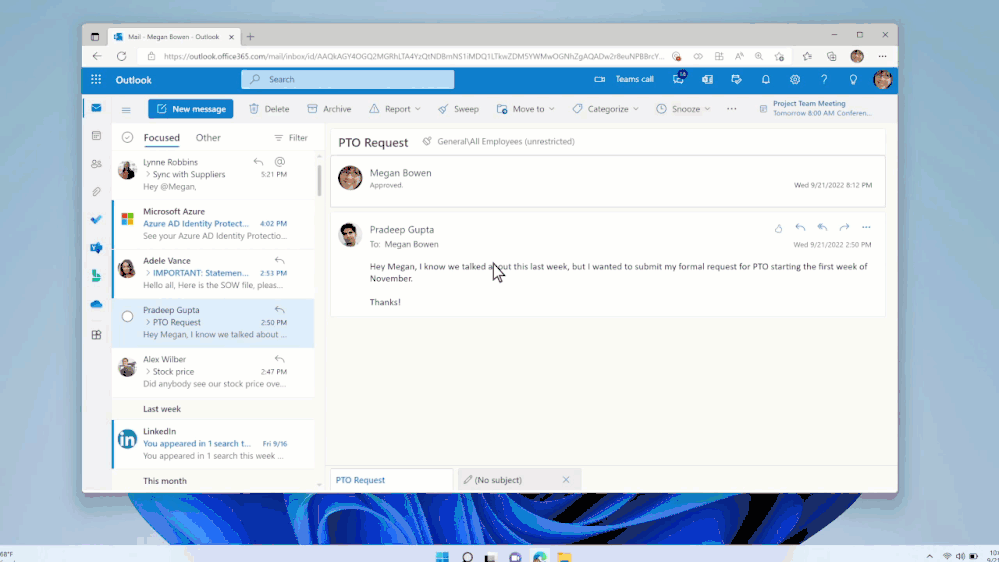 miniatura immagine 9 con didascalia Un'immagine animata che mostra come accedere e utilizzare la chat di Microsoft Teams con più persone in Outlook sul Web.