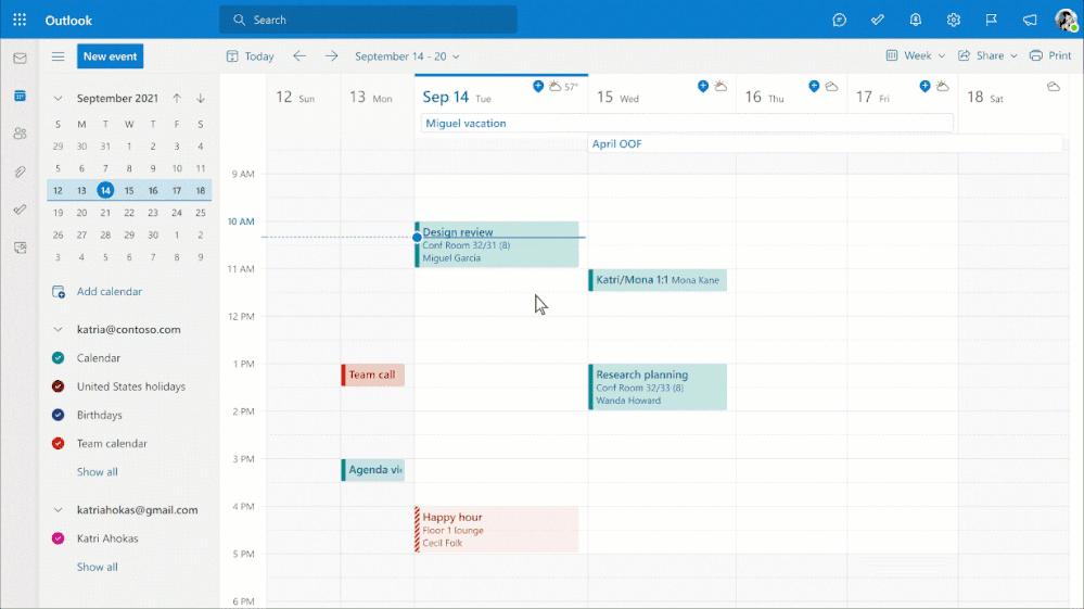 An animated image demonstrating how to set-up work hours and location in the calendar settings in Outlook on the web.