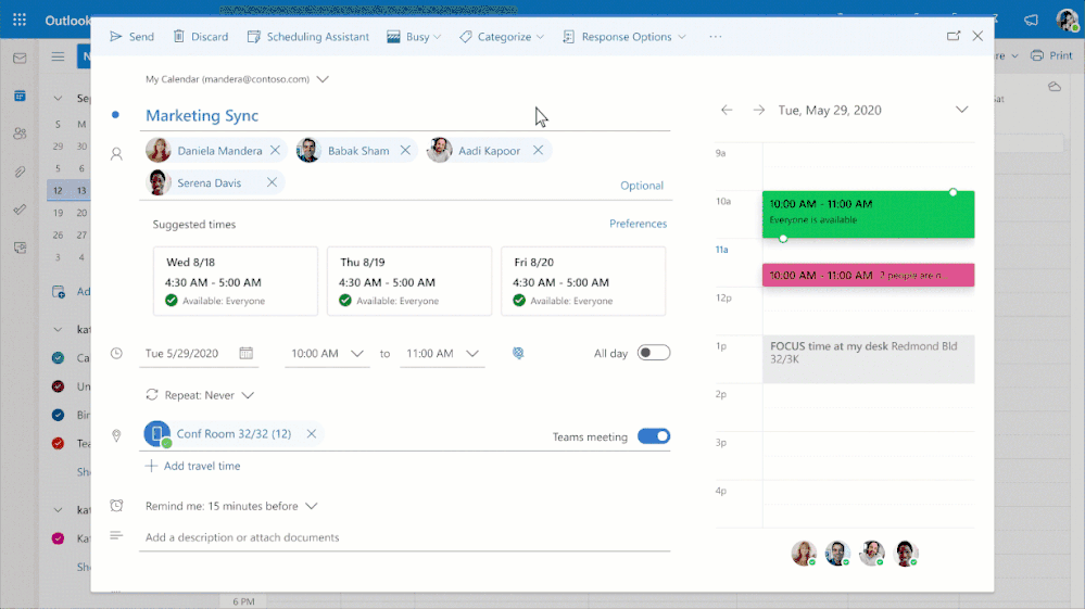 miniatura immagine 5 con didascalia Un'immagine animata che mostra come sfogliare i tempi nell'Assistente pianificazione in Outlook sul Web per vedere quando i compagni di squadra saranno in remoto o in ufficio.