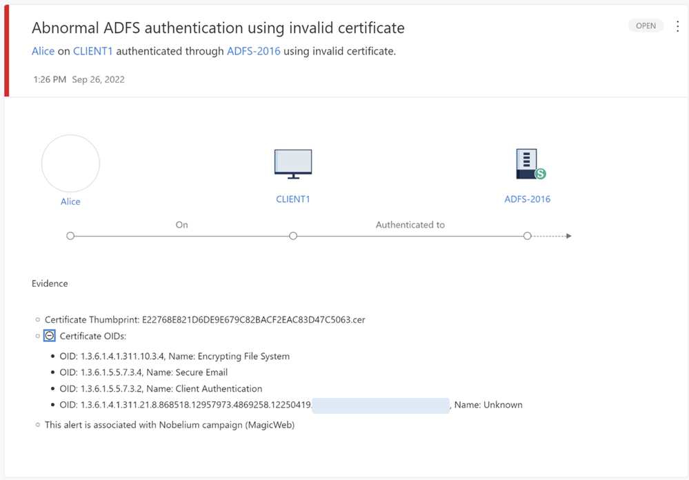 Figure 5 - The alert page for abnormal ADFS authentication as shown in the Microsoft 365 Defender portal