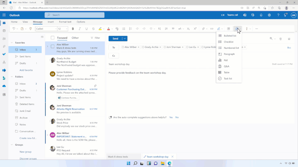 An animated image demonstrating a new Polls Loop component being added to an email in Outlook and people responding to the Poll.