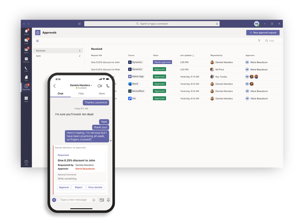 An image demonstrating how to approve or reject a request in the Approvals app in Microsoft Teams on mobile and desktop devices.