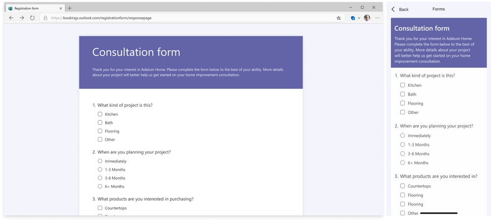 An image demonstrating Microsoft Forms integration with Virtual Appointments in Microsoft Teams with an example of a pre-appointment consultation form on a desktop and mobile device.