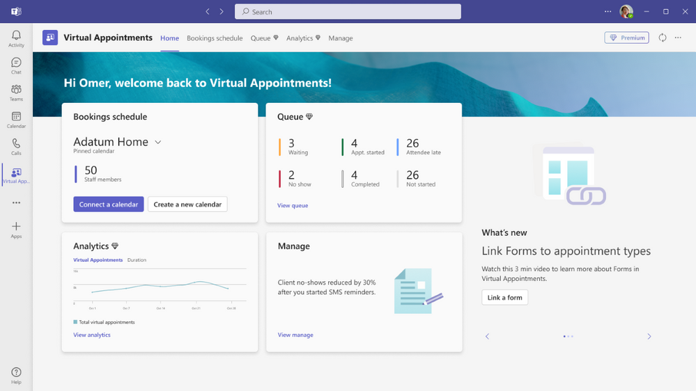 An image of the Virtual Appoints app home screen in Microsoft Teams on a desktop device.