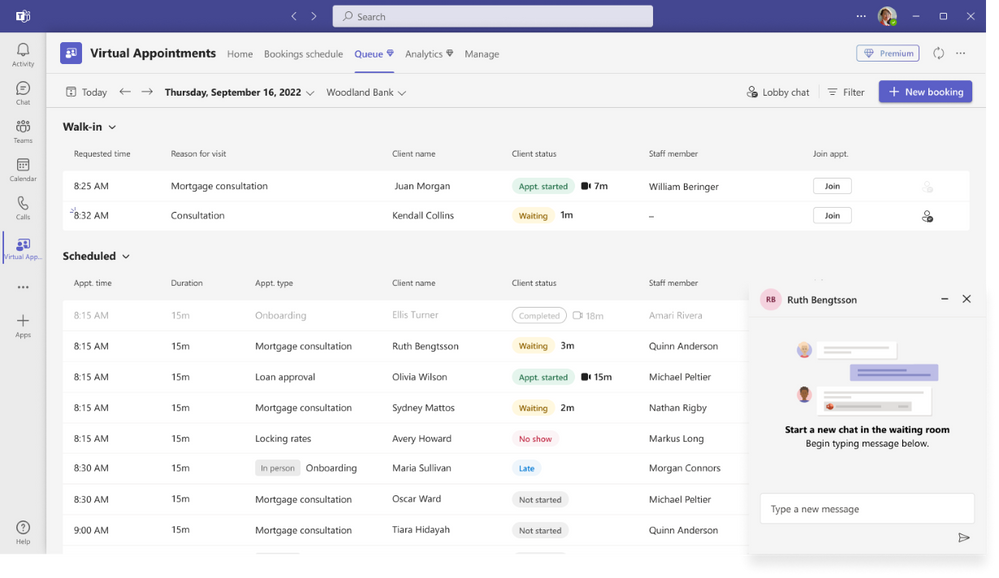 An image demonstrating the 2-way waiting room chat in the Virtual Appointments app in Microsoft Teams on a desktop device.