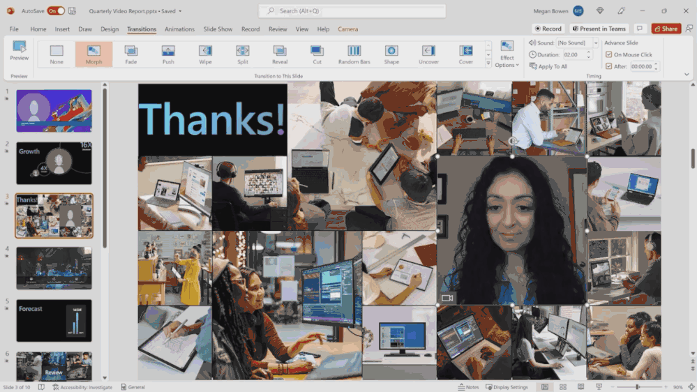 An animated image demonstrating how to access cameo in PowerPoint Live in a Microsoft Teams meeting.