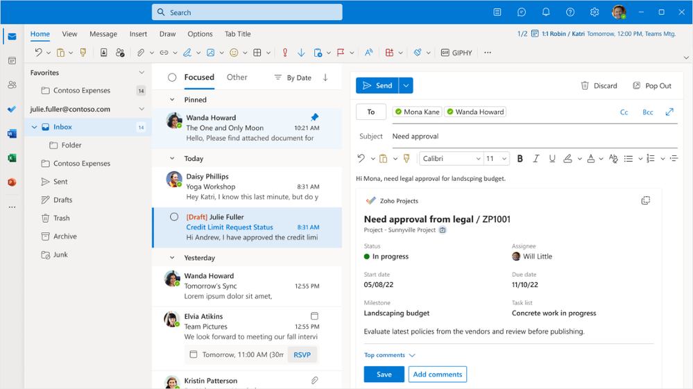 An image demonstrating an adaptive card-based Loop component from partner, Zoho Projects, with task-related information in an email shown in Outlook on the web.