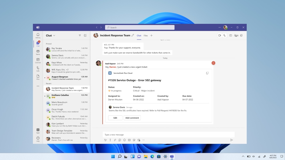 An image demonstrating an adaptive card-based Loop component for IT ServiceDesk tickets from partner, Zoho SDP, shown in Microsoft Teams.