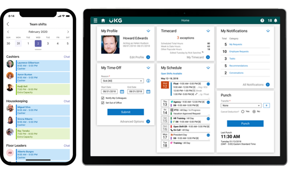 An image demonstrating the Teams Shifts connector for UKG Dimensions: Pictured on the left is an agenda calendar view of Teams shifts on a mobile device, and pictured on the right is an example home screen of UKG Dimensions on a tablet device.