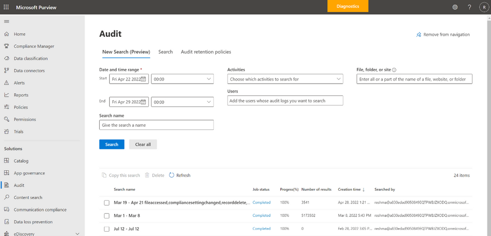 Audit New Search experience in the Microsoft Purview compliance portal.