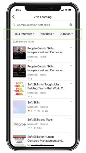 An image demonstrating improved search and filtering options in Viva Learning on a mobile device. The example filters in the image include Your Interests, Providers, and Duration.