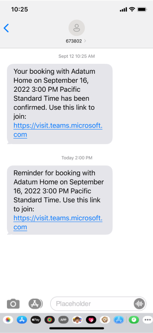 An image demonstrating a reminder text message notification for a virtual appointment, including the date, time and meeting join link in Microsoft Teams.