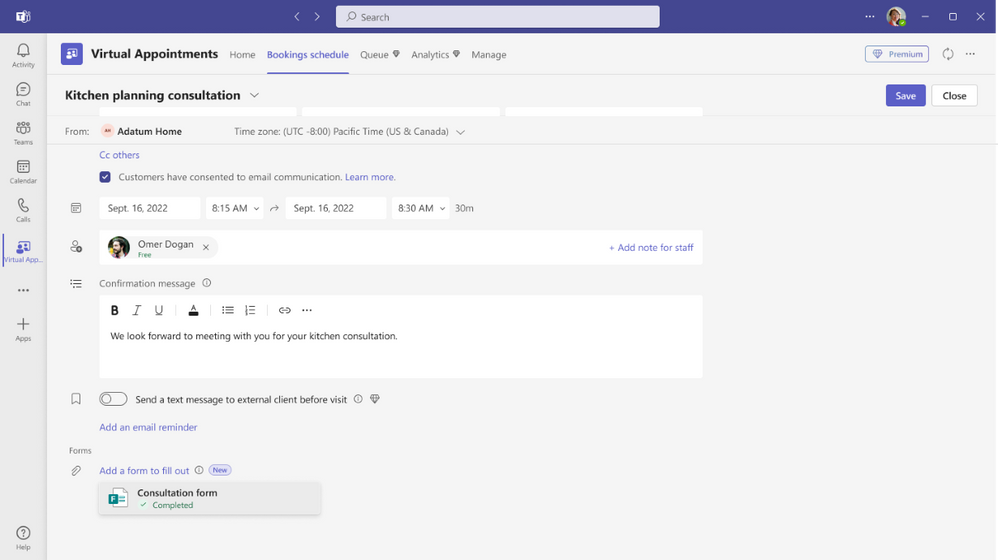 An image demonstrating a calendar view of Bookings schedule in Virtual Appointments in Microsoft Teams on a desktop device.