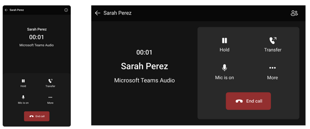 Teams phone device user interface showing hold, transfer and mic, more and end call buttons