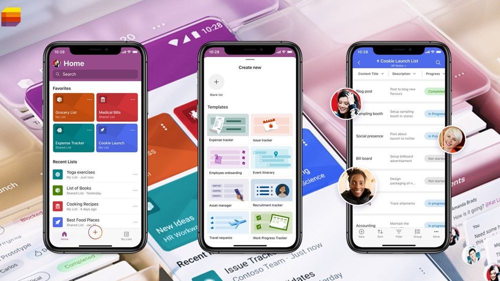 Microsoft Lists - MSA Preview for iOS devices. Left-to-right: Home screen with favorite and recent lists, create new experience with ready-made list templates, and working with others across various list items.