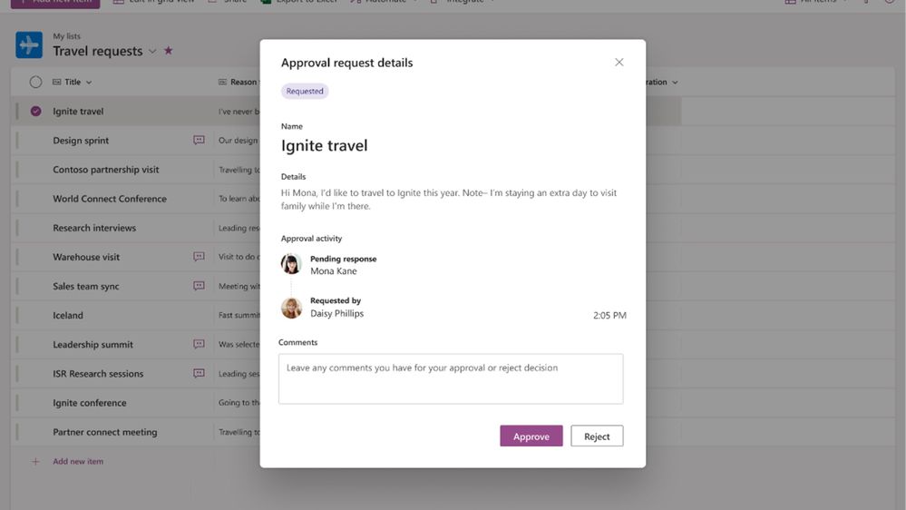 Easily assign someone as an approver and have that action carry over to Approvals in Microsoft Teams, or as pictured above within the list itself.