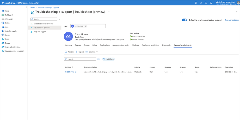 PREVIEW: ServiceNow incident view in Intune