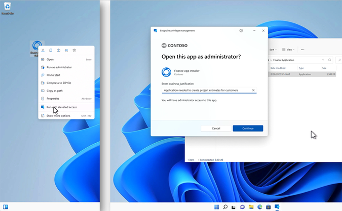 Preview: A Windows 11 user selects the self-service Endpoint Privilege Management feature to install a company approved Finance App with elevated access