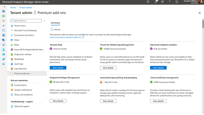 Preview: Centralized experience in Intune to learn about Premium add-ons availability, trials, and license status