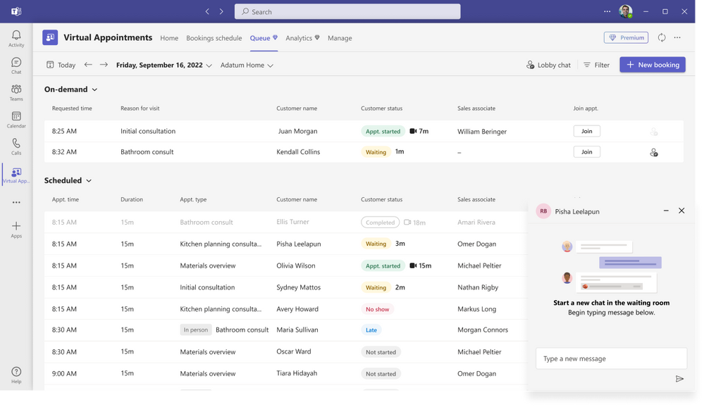 An image demonstrating the 2-way waiting room chat in the Virtual Appointments app in Microsoft Teams on a desktop device.