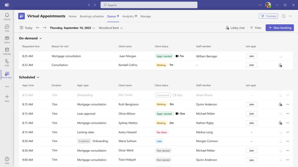 An image of the queue view of scheduled and on-demand appointments in the Virtual Appointments app in Microsoft Teams on a desktop device.