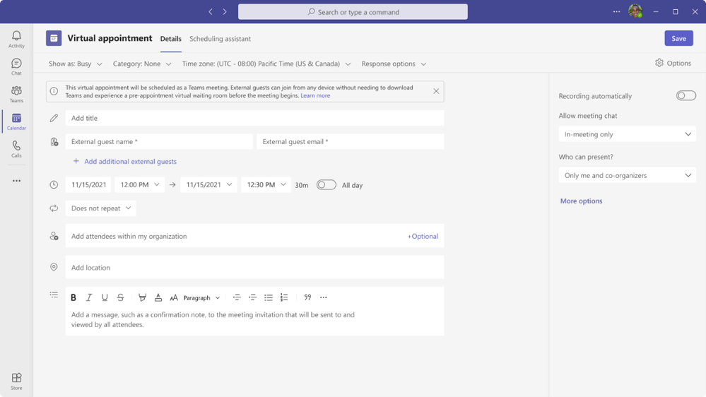 An image of the Virtual Appointments Teams meeting template on a desktop device.