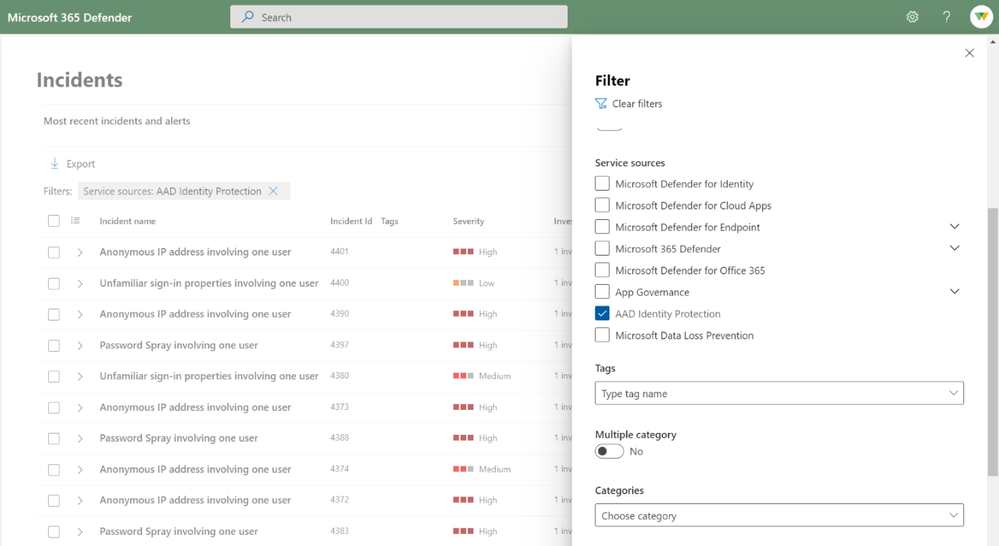 Screenshot of the incident view in Microsoft 365 Defender with the “Service sources” filtered on “AAD Identity Protection”