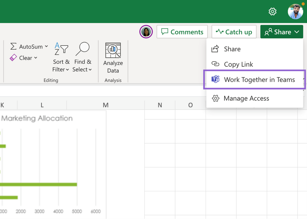 An image of a Microsoft Excel spreadsheet demonstrating how to access the Excel Live experience by clicking on Work Together in Teams from the Share menu.