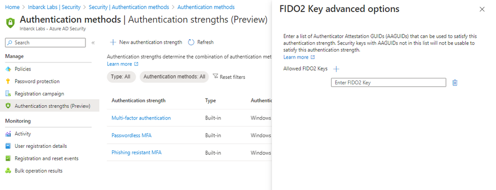 Figure 3: Create a custom authentication strength, including FIDO2 restrictions.