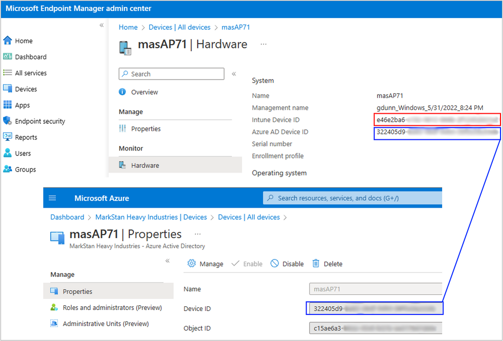 The example device’s (masAP71) Intune device ID and Azure AD device ID attributes as they correspond to their respective device ID and object ID identifiers.