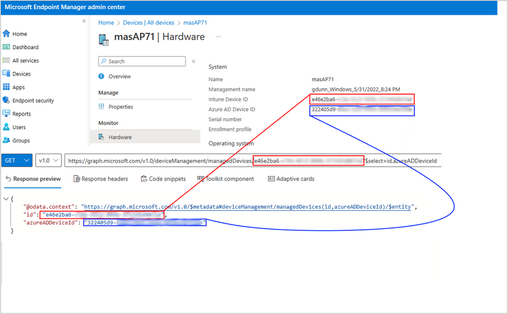 The Intune device ID and Azure AD device ID attributes in Microsoft Intune and how they appear in Graph API.