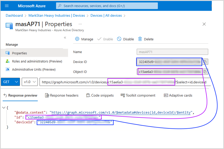 Azure AD device ID and object ID attributes as they appear in Graph API.