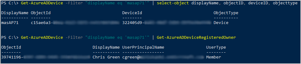 A screenshot of the query results for retrieving Azure AD device attributes.