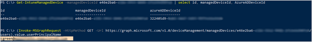 A screenshot of the query results for retrieving the Intune device attributes.