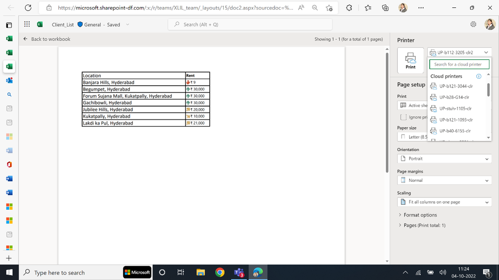 Picture that shows a user printing from within Excel for the web. Print finishing options such as orientation, margins etc., including the selected printer are shown on the right of the screen.