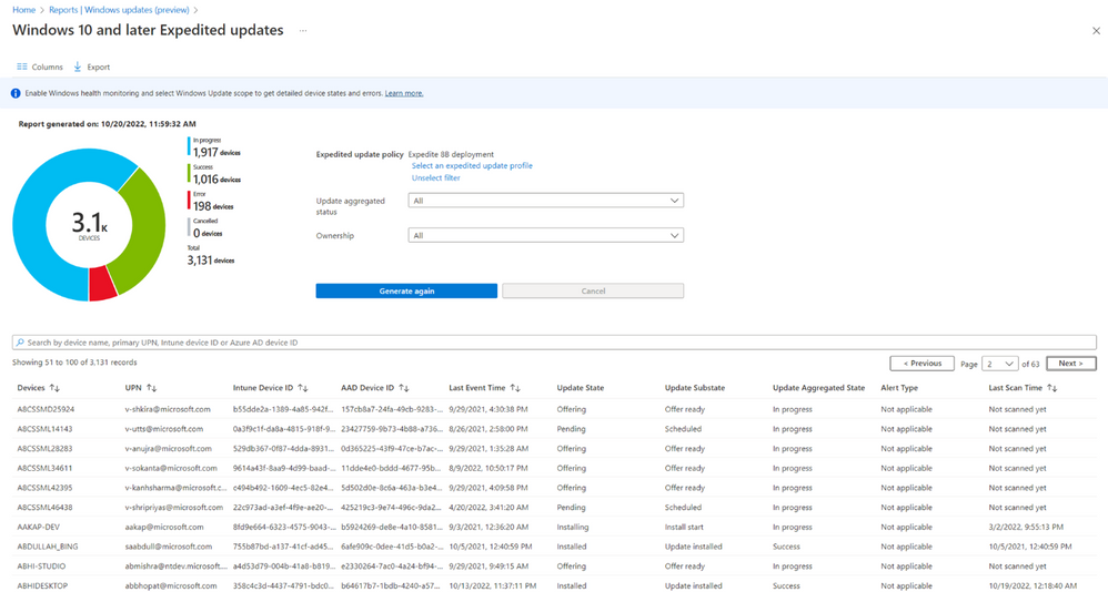 A summary report view of Windows expedited updates in Intune. The bottom portion lists device by device, with its respective identifiers, update aggregate state, and other details.