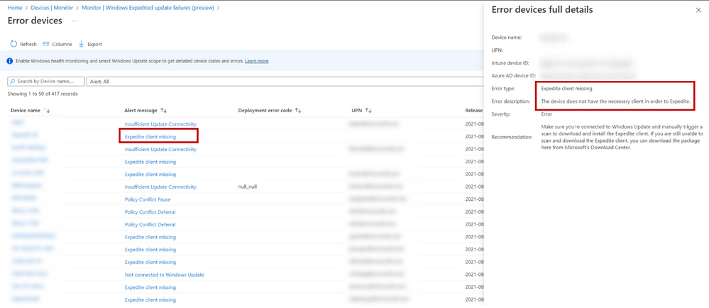 Windows expedited update failures in Intune show error devices, along with full details