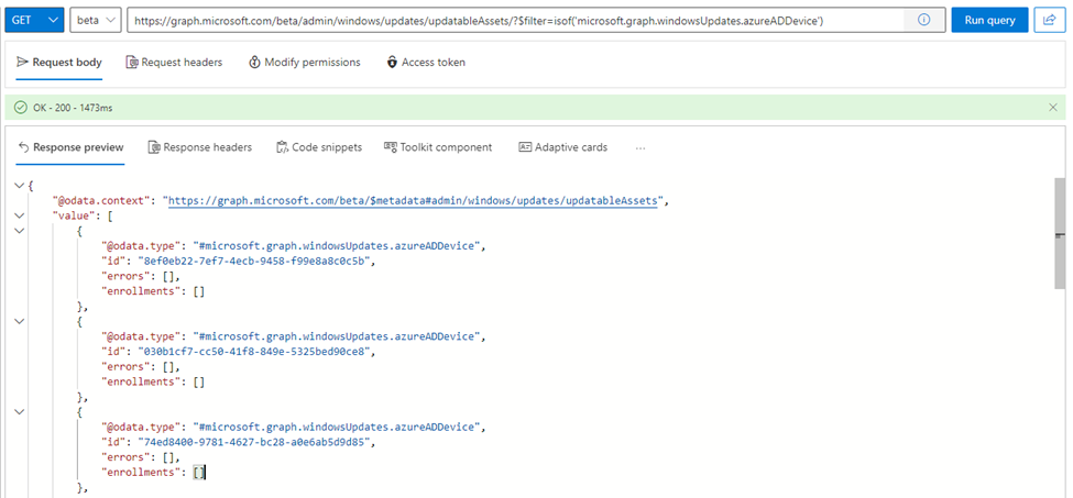 Microsoft Graph API shows a list of three device IDs that are Azure AD joined.