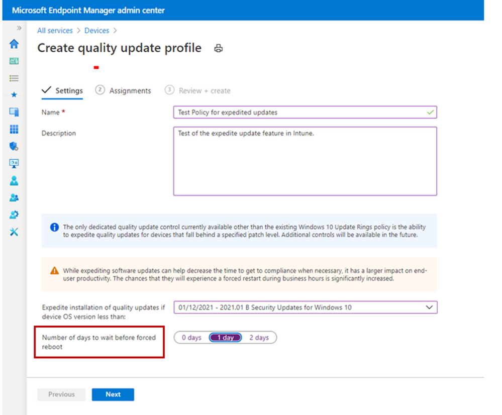 Expedite settings in Microsoft Intune admin center. The options for the number of days to wait before forced reboot include 0, 1, and 2 days.
