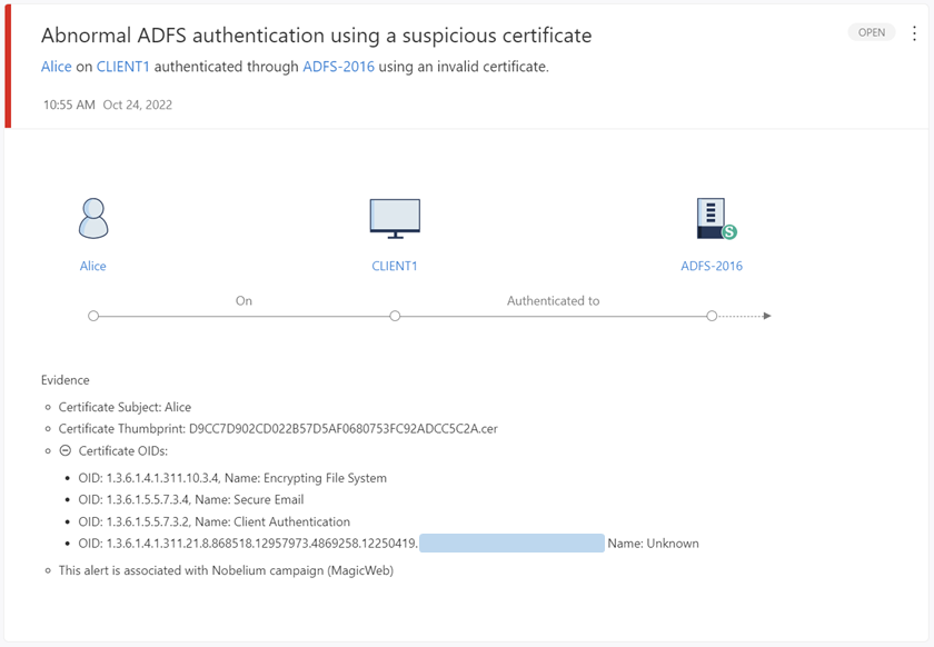 Figure 5 - The alert page for abnormal ADFS authentication as shown in the Microsoft 365 Defender portal